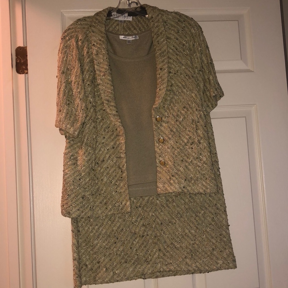 100% Authentic St. John Collection 3 piece women’s skirt, top and jacket set